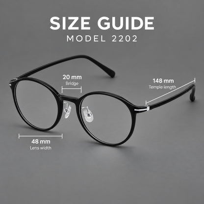 Compact round plastic eyeglasses with gently lifted corners and clear nose pads, size guide in millimetres additional product view
