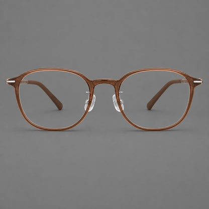 Soft square plastic eyeglasses with a raised browline and rounded lower corners in Milk Tea Brown, front view temple detail