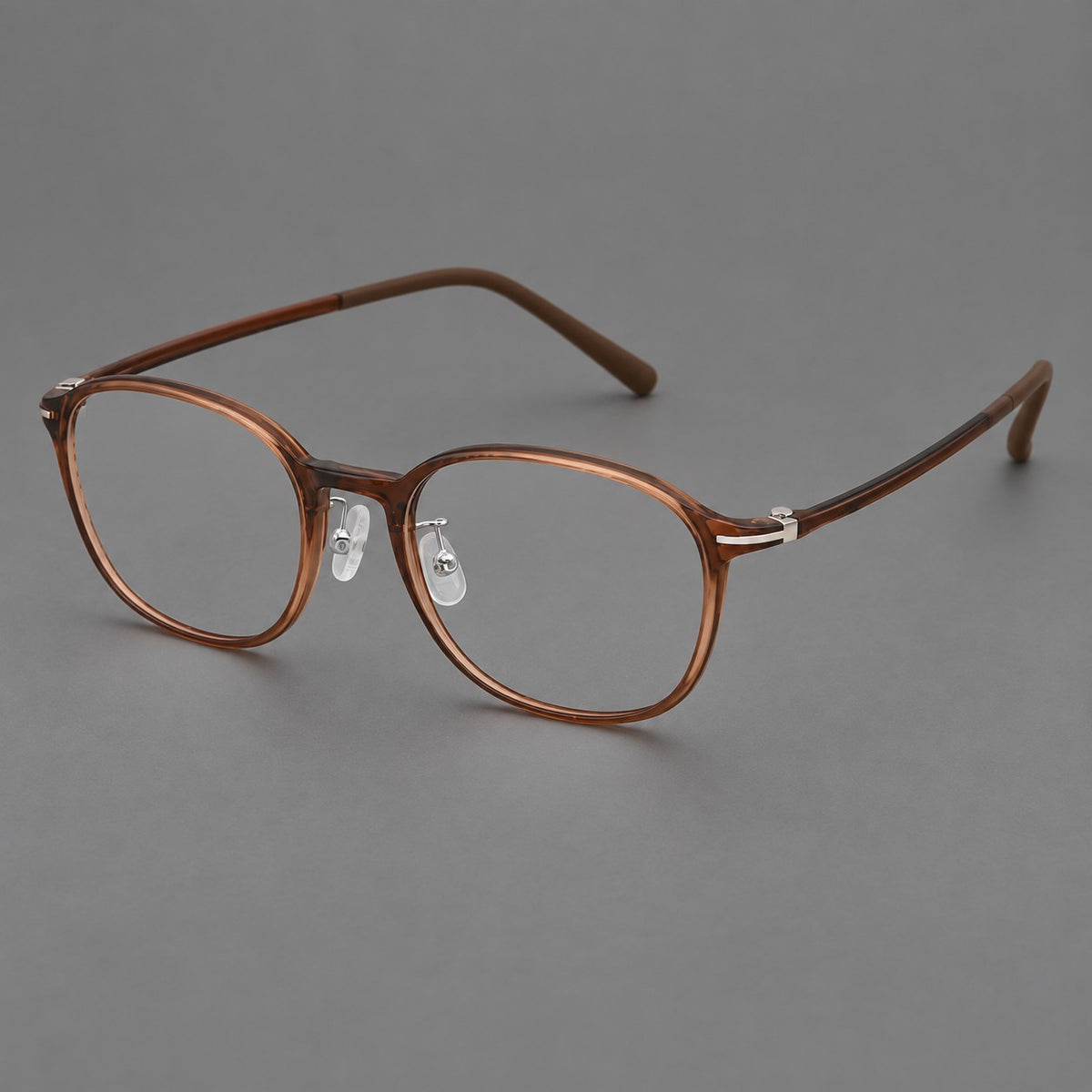 Soft square plastic eyeglasses with a raised browline and rounded lower corners in Milk Tea Brown, three quarter view