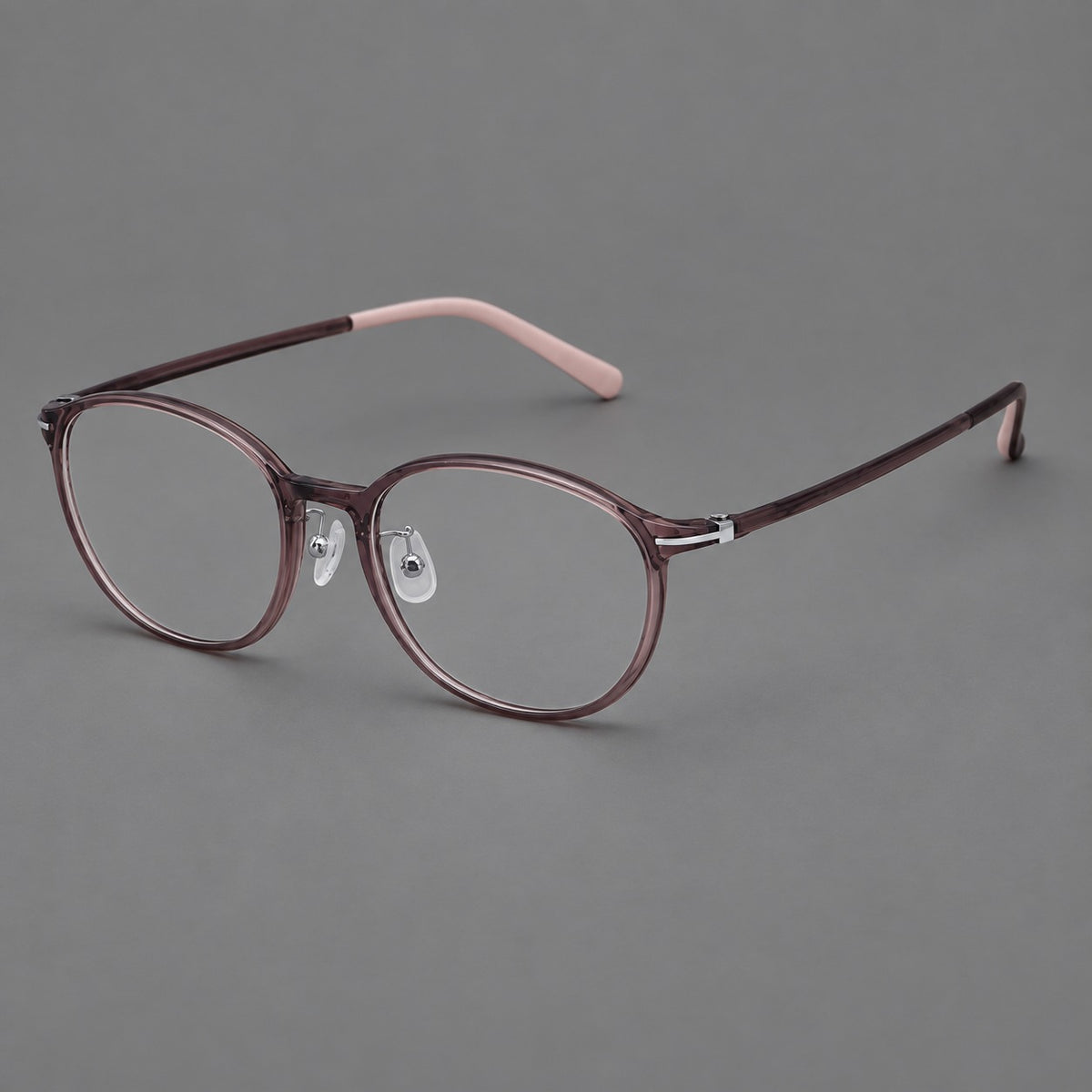 Slim oval plastic eyeglasses with a low profile and subtle metal corner accents in Purple, three quarter view