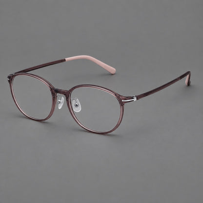 Slim oval plastic eyeglasses with a low profile and subtle metal corner accents in Purple, three quarter view additional product view