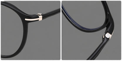 Slim oval plastic eyeglasses with a low profile and subtle metal corner accents, frame details additional product view