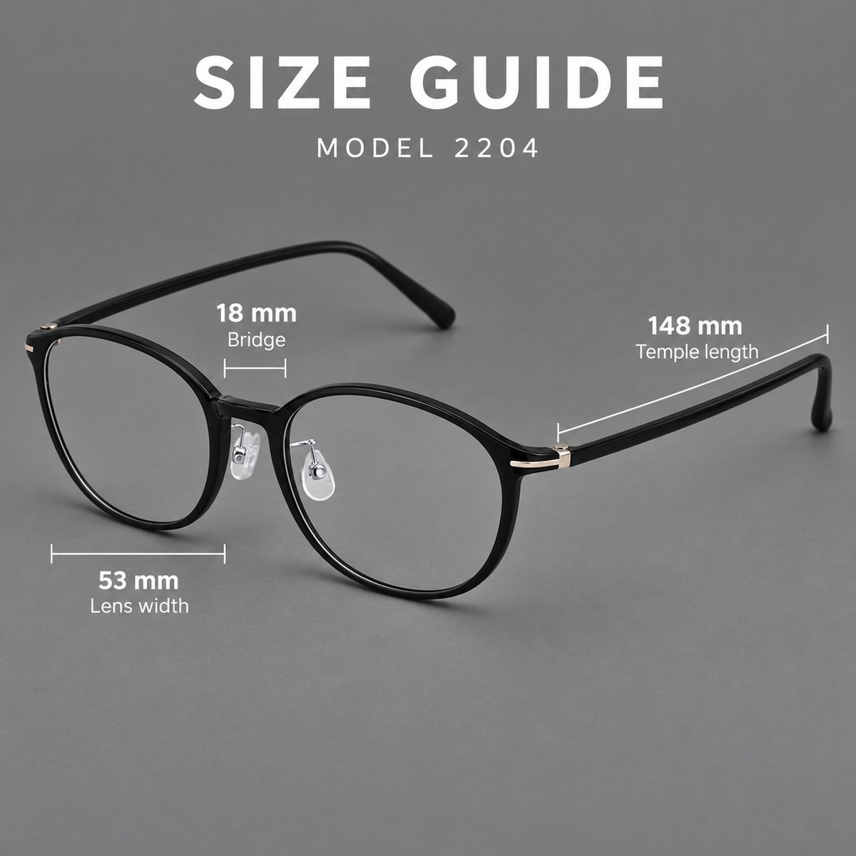 Slim oval plastic eyeglasses with a low profile and subtle metal corner accents, size guide in millimetres
