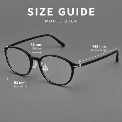 Slim oval plastic eyeglasses with a low profile and subtle metal corner accents, size guide in millimetres additional product view