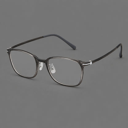 Classic square plastic eyeglasses with broad lenses and softly rounded edges in Dark Grey, three quarter view front view