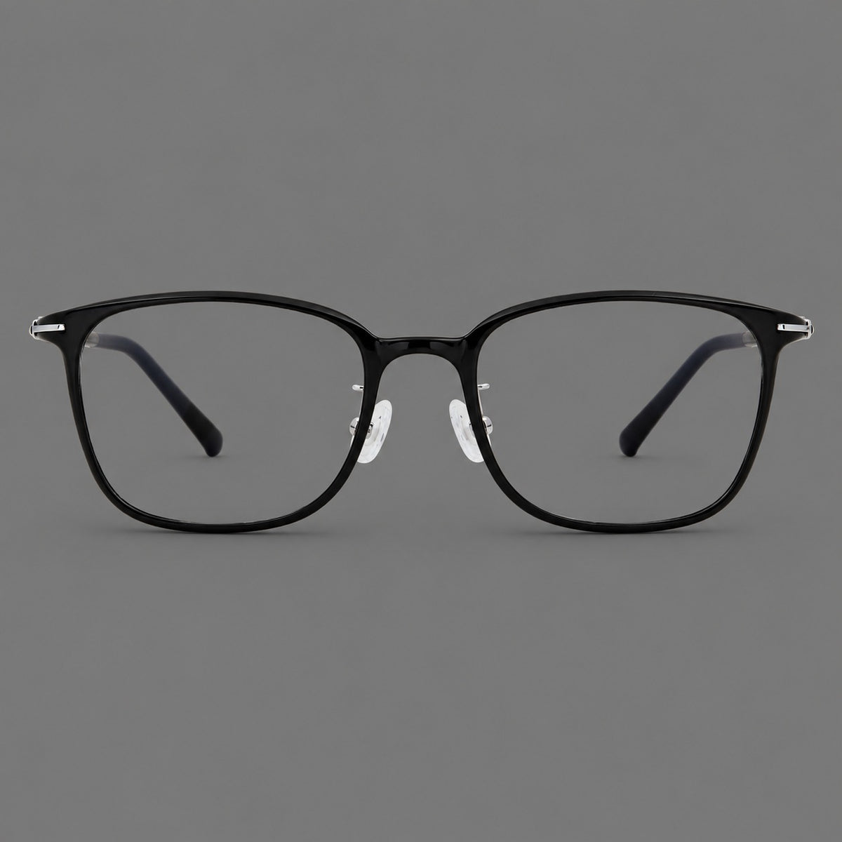 Classic square plastic eyeglasses with broad lenses and softly rounded edges in Glossy Black, front view