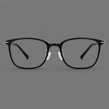Classic square plastic eyeglasses with broad lenses and softly rounded edges in Glossy Black, front view side view