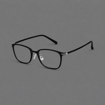 Classic square plastic eyeglasses with broad lenses and softly rounded edges in Glossy Black, three quarter view
