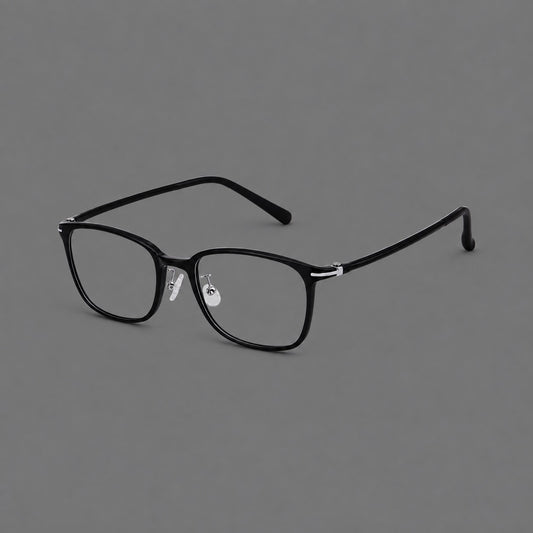 Classic square plastic eyeglasses with broad lenses and softly rounded edges in Glossy Black, three quarter view