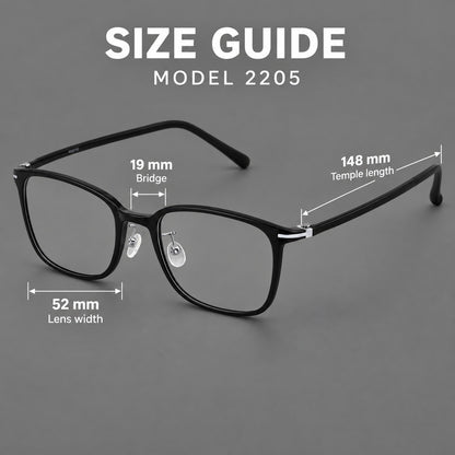 Classic square plastic eyeglasses with broad lenses and softly rounded edges, size guide in millimetres additional product view