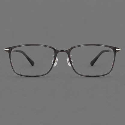 Low profile rectangular plastic eyeglasses with a straight browline and slim temples in Dark Grey, front view frame detail
