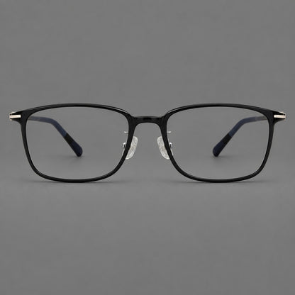 Low profile rectangular plastic eyeglasses with a straight browline and slim temples in Glossy Black, front view side view