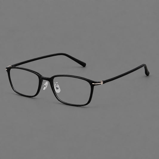 Low profile rectangular plastic eyeglasses with a straight browline and slim temples in Glossy Black, three quarter view