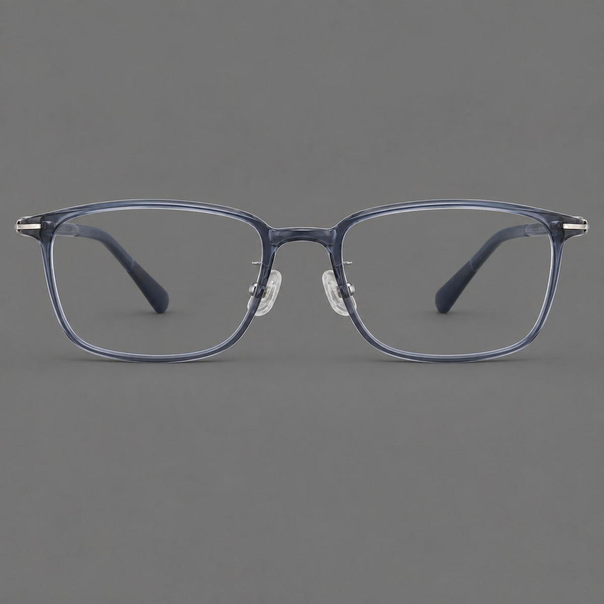 Low profile rectangular plastic eyeglasses with a straight browline and slim temples in Slate Blue, front view