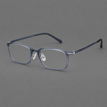 Low profile rectangular plastic eyeglasses with a straight browline and slim temples in Slate Blue, three quarter view additional product view