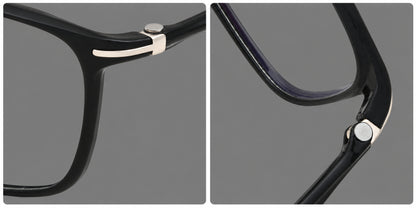 Low profile rectangular plastic eyeglasses with a straight browline and slim temples, frame details additional product view