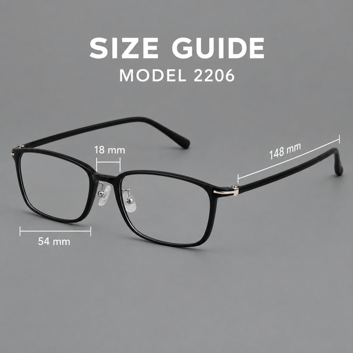 Low profile rectangular plastic eyeglasses with a straight browline and slim temples, size guide in millimetres