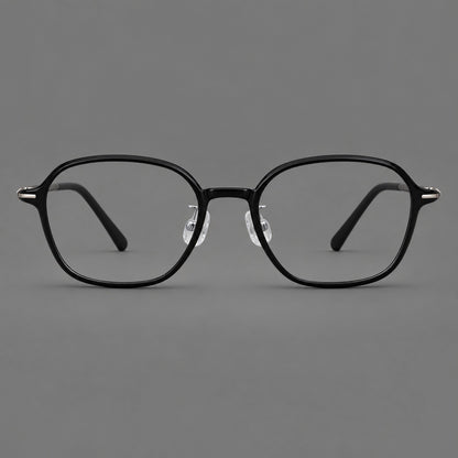 Rounded geometric plastic eyeglasses with softly angled rims and a curved bridge in Glossy Black, front view side view