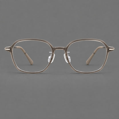 Rounded geometric plastic eyeglasses with softly angled rims and a curved bridge in Twilight Grey Tea, front view additional product view