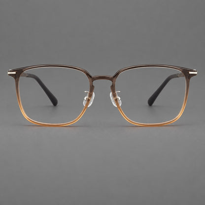 Bold square plastic eyeglasses with a defined browline and an open bridge in Grey Tea Gradient, front view temple detail