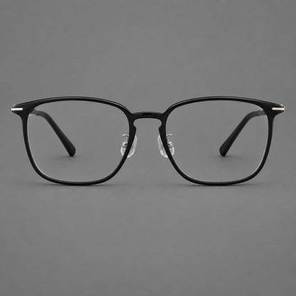 Bold square plastic eyeglasses with a defined browline and an open bridge in Glossy Black, front view side view