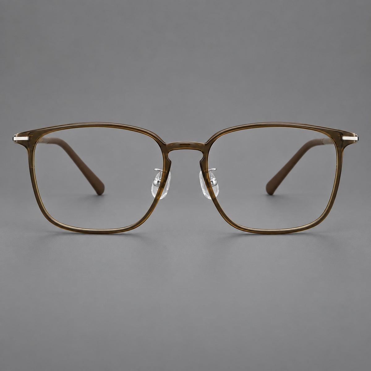 Bold square plastic eyeglasses with a defined browline and an open bridge in Dark Brown, front view