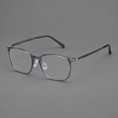 Bold square plastic eyeglasses with a defined browline and an open bridge in Slate Blue, three quarter view additional product view