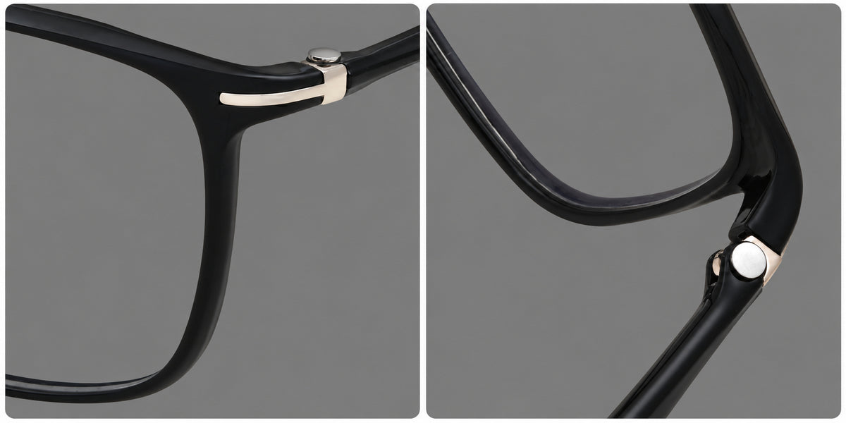 Bold square plastic eyeglasses with a defined browline and an open bridge, frame details
