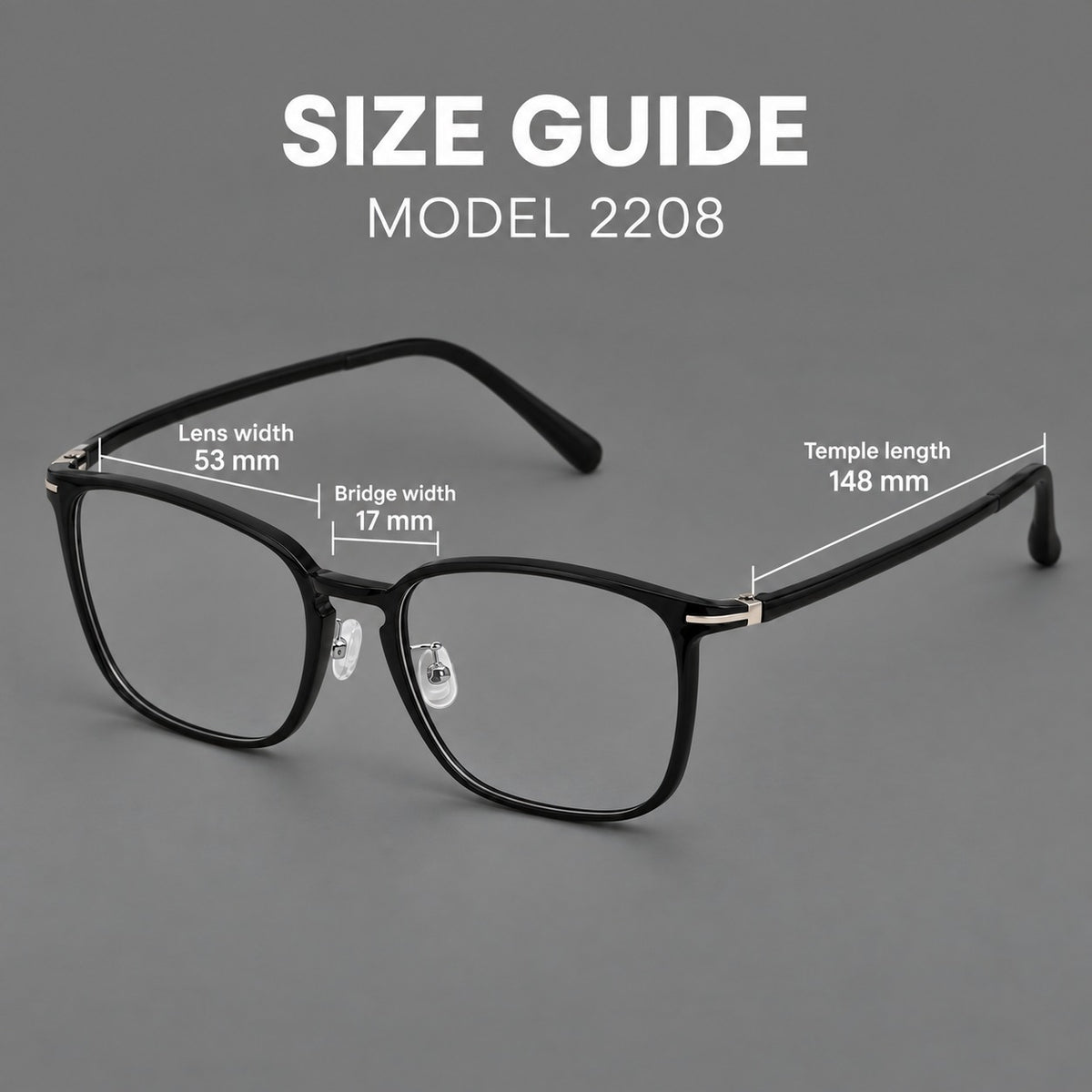 Bold square plastic eyeglasses with a defined browline and an open bridge, size guide in millimetres