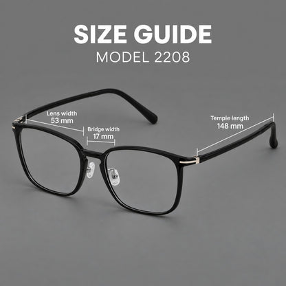Bold square plastic eyeglasses with a defined browline and an open bridge, size guide in millimetres additional product view