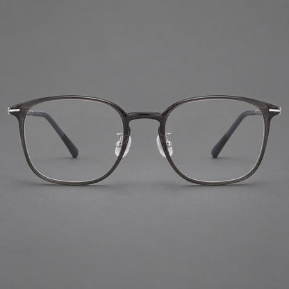 Vintage soft square plastic eyeglasses with deep lenses and a gently arched bridge in Dark Grey, front view frame detail