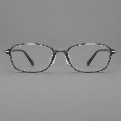 Soft oval plastic eyeglasses with a narrow bridge and gently rounded outer corners in Medium Grey, front view frame detail