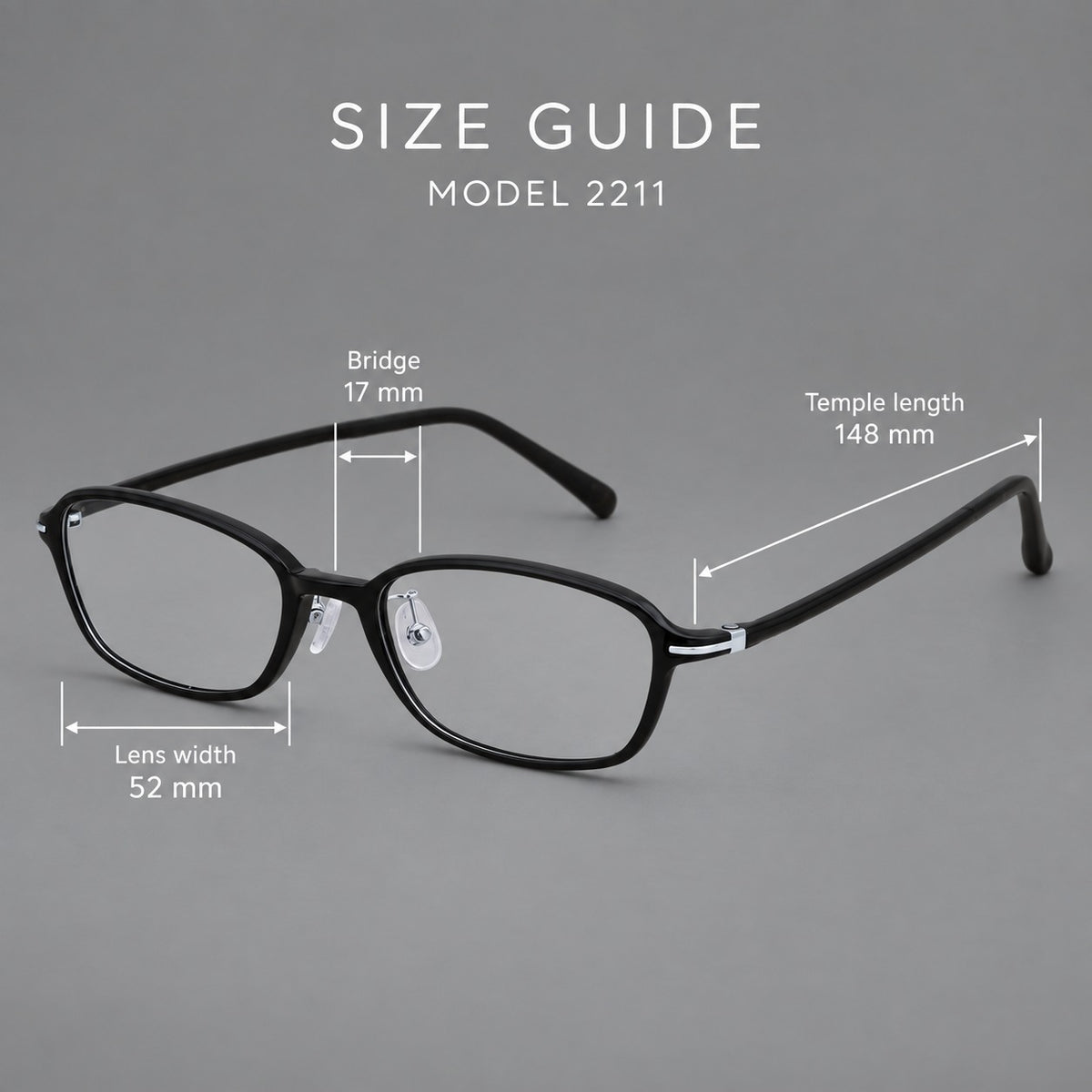 Soft oval plastic eyeglasses with a narrow bridge and gently rounded outer corners, size guide in millimetres