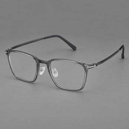 Modern square plastic eyeglasses with a smooth browline and slim metal corner details in Medium Grey, three quarter view front view