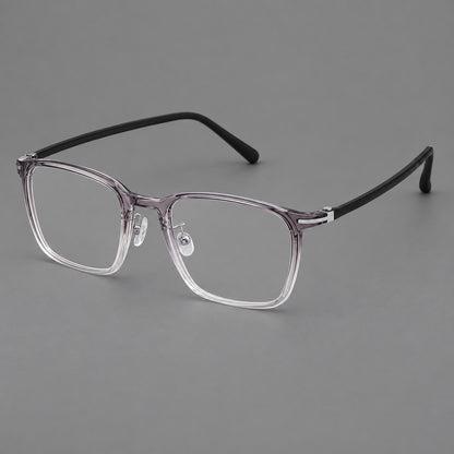 Modern square plastic eyeglasses with a smooth browline and slim metal corner details in Ink Grey Gradient, three quarter view lens detail