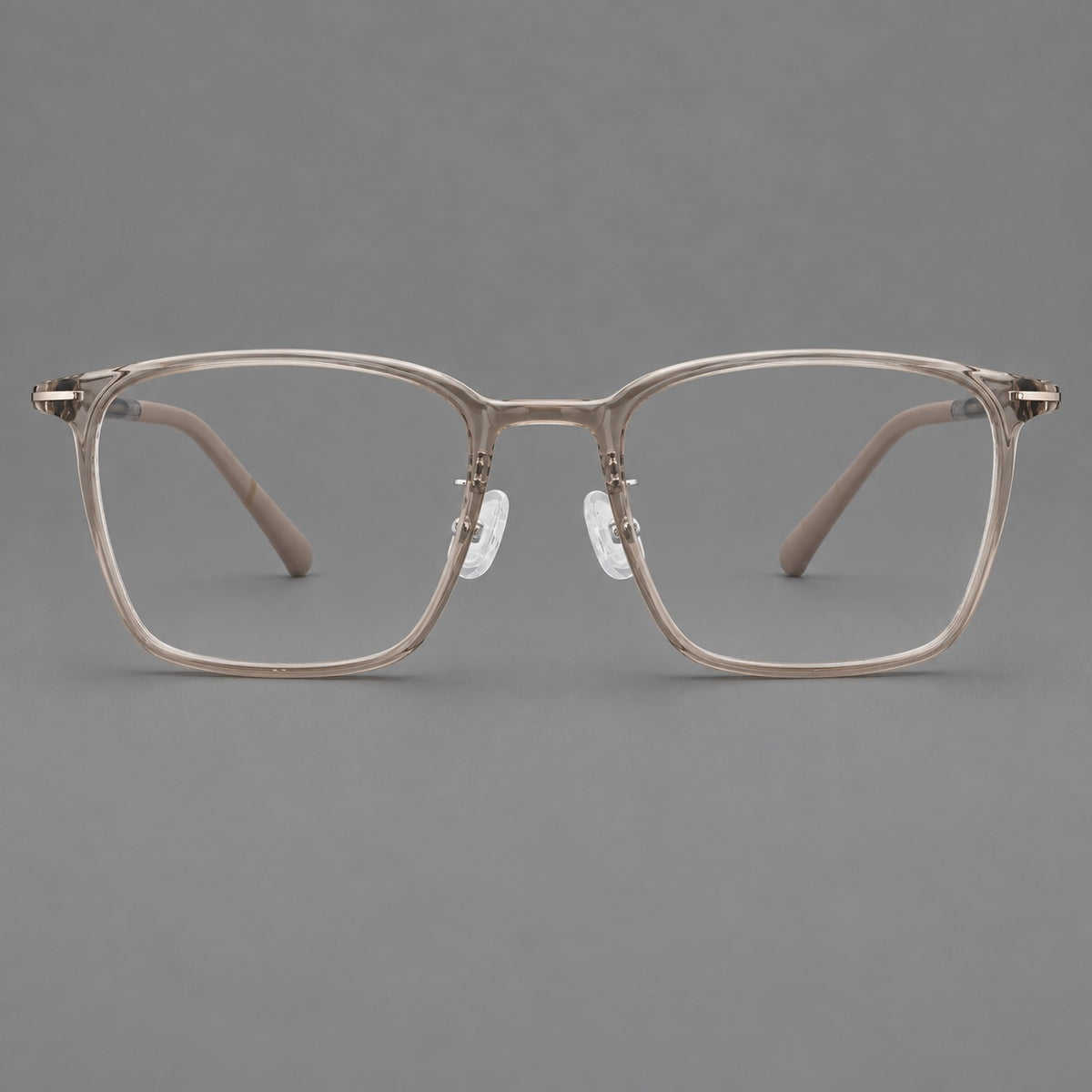 Modern square plastic eyeglasses with a smooth browline and slim metal corner details in Twilight Grey Tea, front view