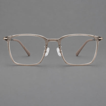 Modern square plastic eyeglasses with a smooth browline and slim metal corner details in Twilight Grey Tea, front view additional product view