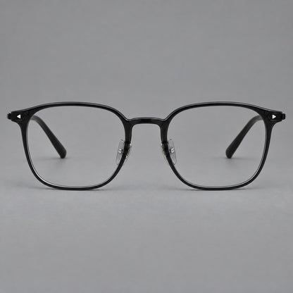 Retro square plastic eyeglasses with a curved bridge and triangular corner details in Glossy Black, front view side view