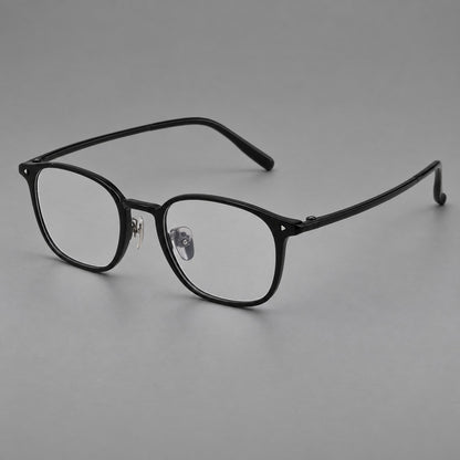 Retro square plastic eyeglasses with a curved bridge and triangular corner details in Glossy Black, three quarter view