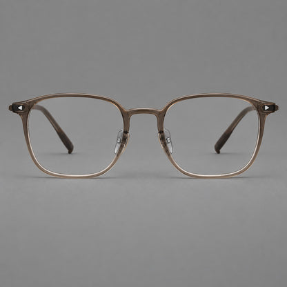 Retro square plastic eyeglasses with a curved bridge and triangular corner details in Brown, front view additional product view