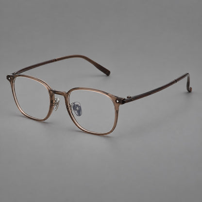 Retro square plastic eyeglasses with a curved bridge and triangular corner details in Brown, three quarter view additional product view