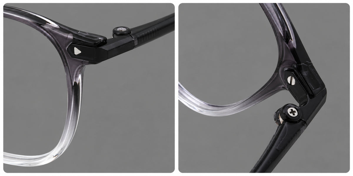 Retro square plastic eyeglasses with a curved bridge and triangular corner details, frame details