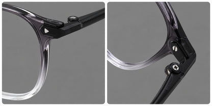 Retro square plastic eyeglasses with a curved bridge and triangular corner details, frame details additional product view