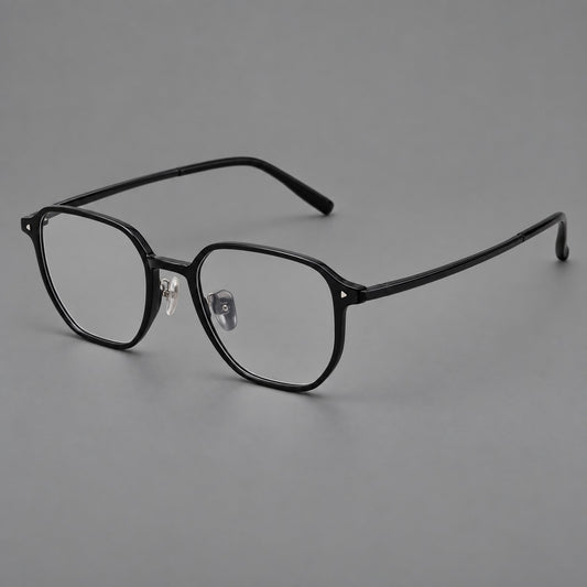 Soft square plastic eyeglasses with rounded lower rims and a broad curved bridge in Glossy Black, three quarter view