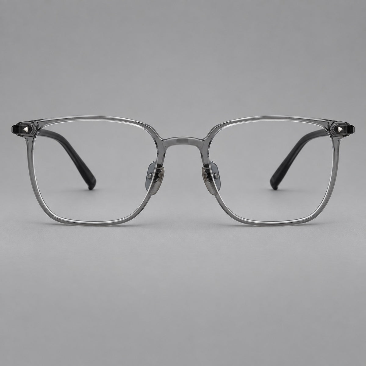 Refined rectangular plastic eyeglasses with raised outer corners and clear nose pads in Medium Grey, front view