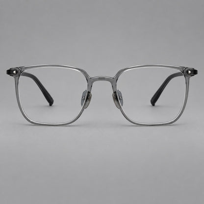 Refined rectangular plastic eyeglasses with raised outer corners and clear nose pads in Medium Grey, front view frame detail