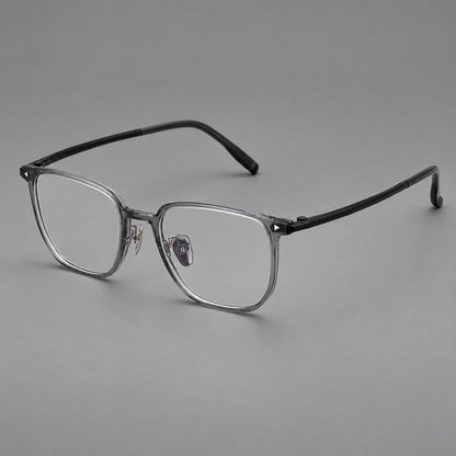 Refined rectangular plastic eyeglasses with raised outer corners and clear nose pads in Medium Grey, three quarter view front view