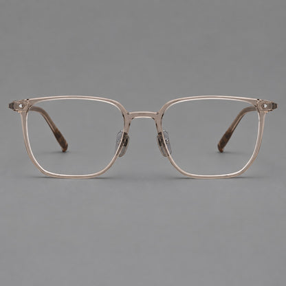 Refined rectangular plastic eyeglasses with raised outer corners and clear nose pads in Tea, front view additional product view