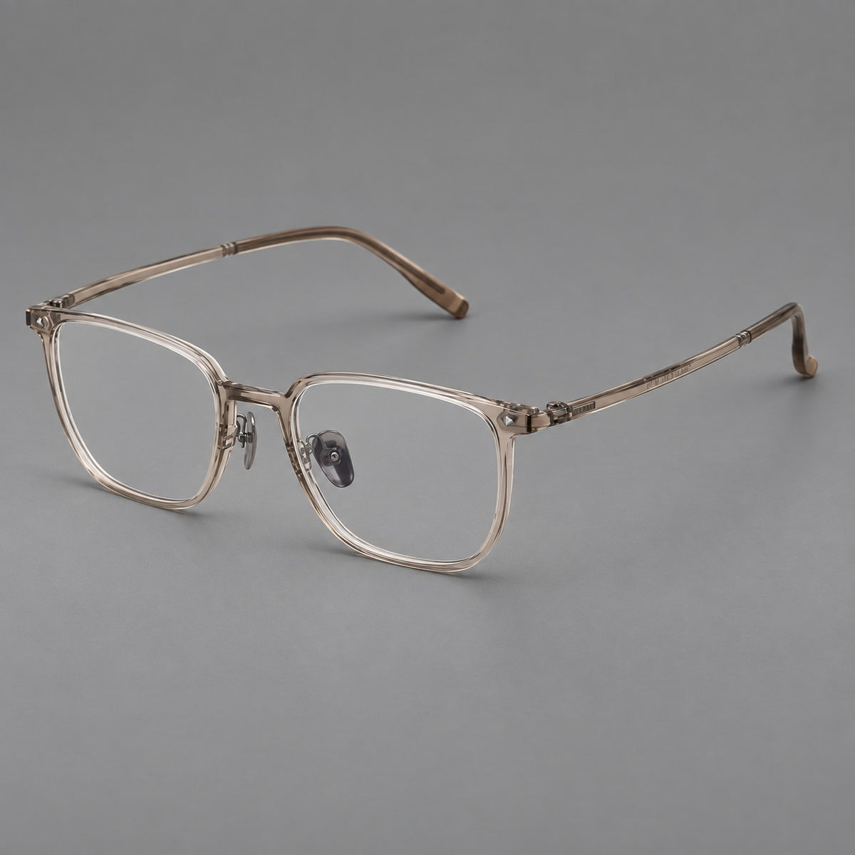 Refined rectangular plastic eyeglasses with raised outer corners and clear nose pads in Tea, three quarter view
