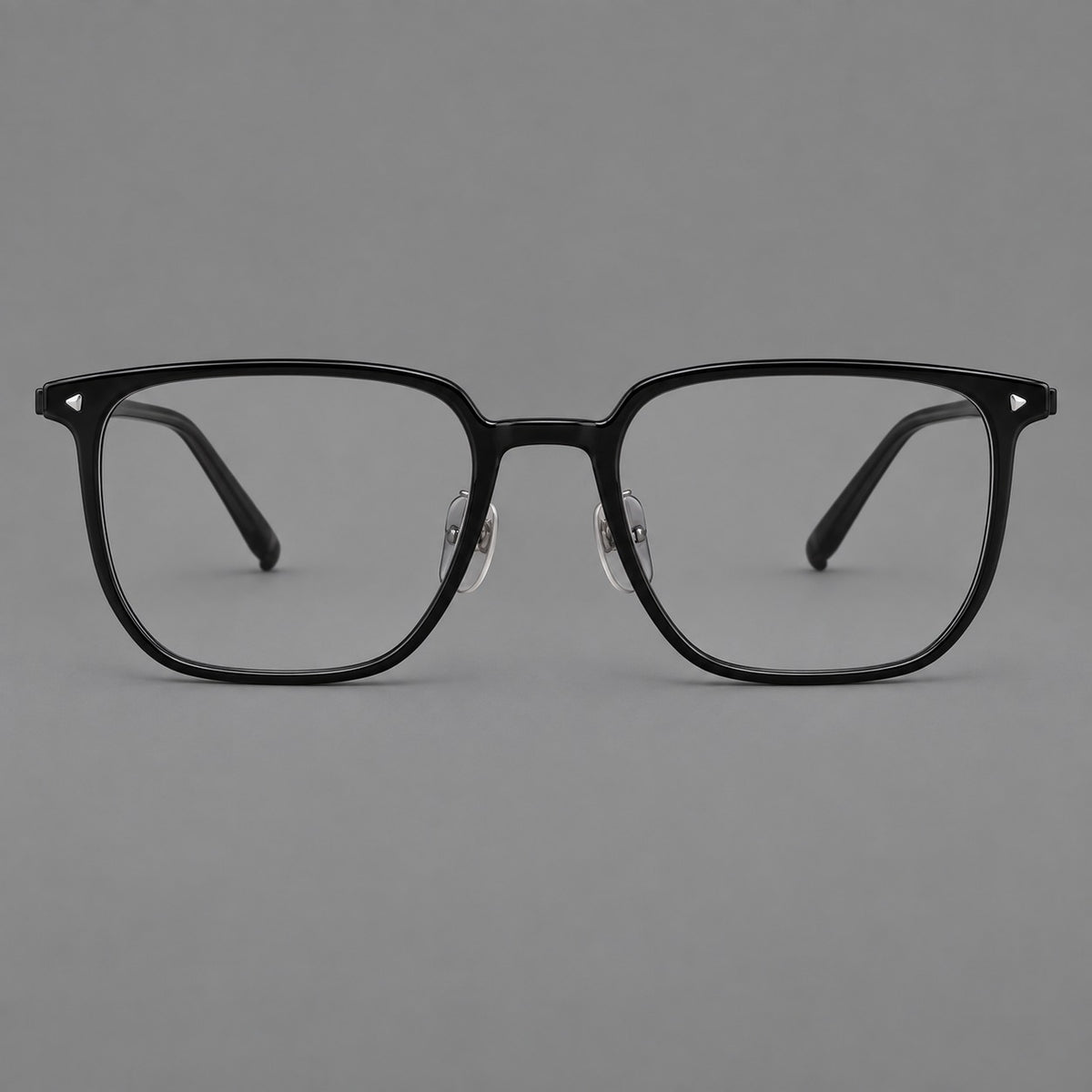 Refined rectangular plastic eyeglasses with raised outer corners and clear nose pads in Glossy Black, front view